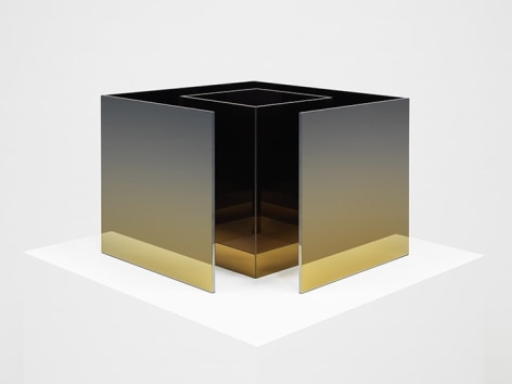 Larry Bell Deconstructed Cube SS (Black / Blush), 2020 Laminated glass, stainless steel and titanium dioxide 16 x 12 x 16 inches 40.6 x 30.5 x 40.6 cm