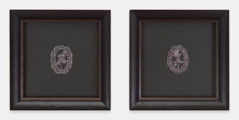 Jasmin Sian Hudson River pine in bubble gum Dum-Dums / Hudson River pine in bubble gum Dum-Dums, 2020 / 2023 Graphite and cut-outs on lollipop wrappers Diptych Framed Dimensions, each: 10 1/2 x 10 1/2 inches 26.7 x 26.7 cm Artwork Dimensions: Left Panel 3 1/8 x 2 3/8 inches 7.9 x 6 cm Right Panel 3 1/8 x 2 1/2 inches 7.9 x 6.3 cm