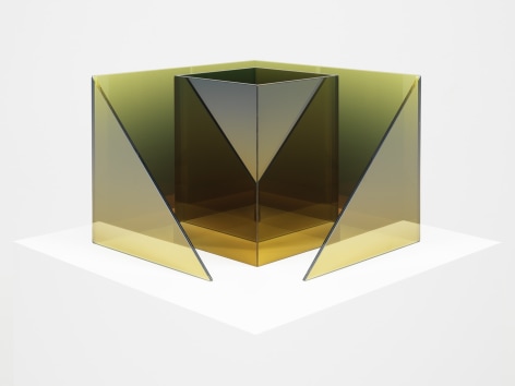 Larry Bell Deconstructed Cube SS with Triangle (Lemoncello / Emerald), 2020 Laminated glass, stainless steel and titanium dioxide 16 x 12 x 16 inches 40.6 x 30.5 x 40.6 cm