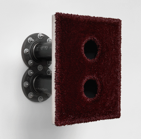 ALT=&quot;Donald Moffett, Lot 052612 (the crimson double), 2012, Oil on linen with wood panel support, with cast iron flanges, common black pipes and hardware&quot;