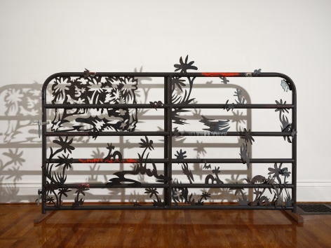 Saif Azzuz Who says, 2022 Stickers, ink, bungee cord, chains, and steel 59 x 93 inches 149.9 x 236.2 cm