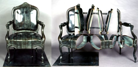 Fauteuil Coup&eacute; Charni&egrave;res, 1998, Green patinated bronze cast of armchair, vertically sliced and re-welded with hinges, incorporated on base. Interactive (image of work is shown closed and open)