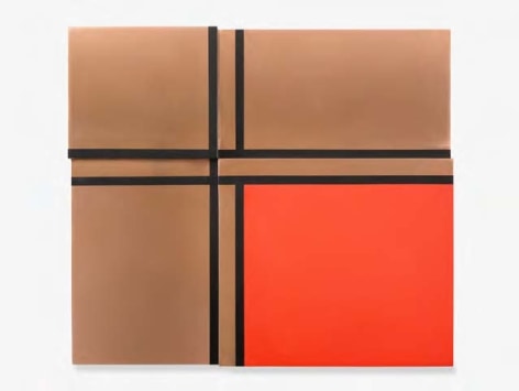 Four Rectangles with Red and Black Lines, 2019, Red acrylic on copper