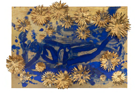 Reclining Buddha with Flowers, 2010, Gold leaf, gilt copper, pigment, on wood panel