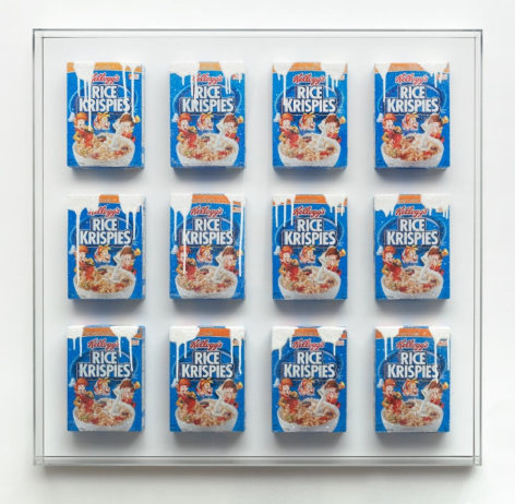 Snap, Crackle, Pop, 2014, Cereal boxes, acrylic, crushed glass, wood