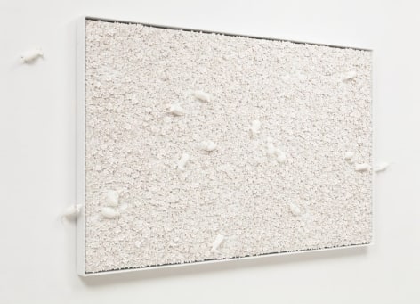 White Narcissus Panel with Mice, 2014, Linen, acrylic, porcelain, nylon, and waxed cotton in artist's frame