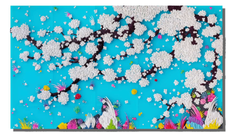 Healing oblivious aqua, 2023 Paper Buttons, Beads, Pins on Plexiglas 173 x 300 cm