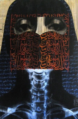 Eve, 2010&nbsp;, Charcoal, acrylic and pen and Arabic newspaper on canvas