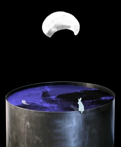 Catching the Moon (video still), 2010-2013, Projected animation with sound in a water-well of stainless steel