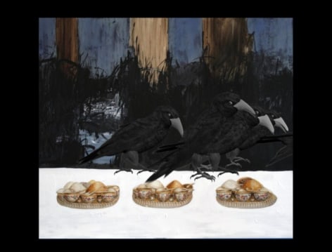 Keep Your Interior Empty of Food that You Mayest Behold There in the Light of Interior, Crows, video still), 2010-2012, Painting with projected animation and sound; oil, acrylic and graphite on canvas