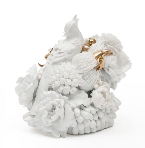 A Garden Watched by a Bird, 2025, Porcelain, 1300 degrees Gas firing, 22K Gold Luster