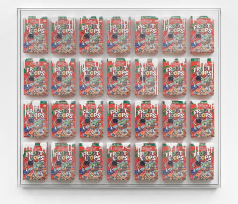 Fruity Delight in Every Bite, 2014, Cereal boxes, acrylic, crushed glass, wood
