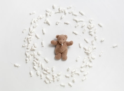 Poor Teddy, 2014, Nylon, oil, teddy bear, knife, silicone