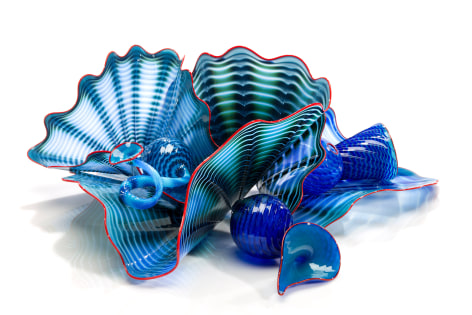 Dale Chihuly, Niagara Blue Persian Set with Carmine Lip Wraps
