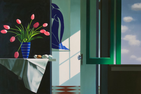 Bruce Cohen Interior with Pink Tulips and Blue Nude, 2020