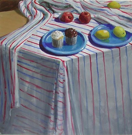 Striped Cloth with Fruit and Cupcakes