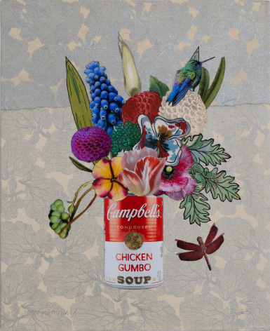 Jane Hammond Campbell&#039;s Chicken Gumbo with Grape Hyacinth, Petunia and Dragonfly, 2025