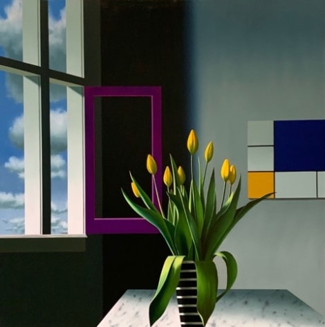 Bruce Cohen Interior with Yellow Tulips, Purple Window and Mondrian, 2022
