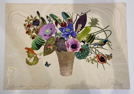 Jane Hammond Chimu Gold Cup with Persian Carpet Flower, Sunbird and Peanut Tree Pod, 2024