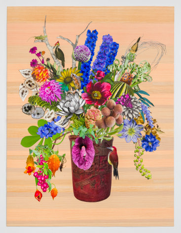 Jane Hammond Chinese Carved Bucket with Rhubarb Flower, Grasshopper and Clematis Crystal Fountain, 2025