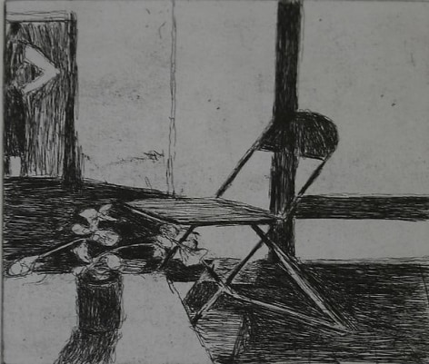 Richard Diebenkorn #38 from 41 Etchings Drypoints (chair, potted plant, woman standing)