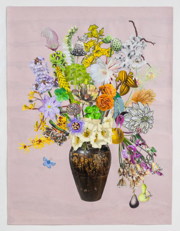 Jane Hammond Martaban Jar with Prairie Smoke, Witch Hazel and Three Picasso Moths, 2025