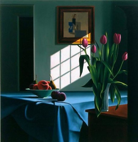 Interior with Pink Tulip and Blue Table Cloth