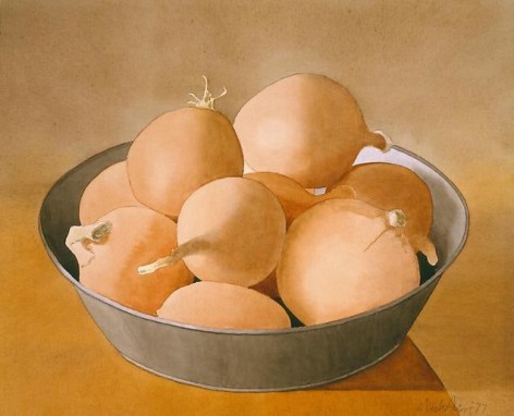 Yellow Onions in Tin Bowl