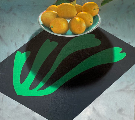 Bruce Cohen Still Life with Bowl of Lemons on Green Algae on Black Background, 2022