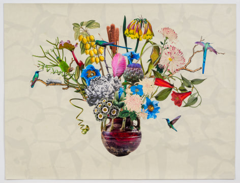 Jane Hammond Roman Glass with Long-Tailed Sylph, Himalayan Blue Poppies and Primrose, 2023