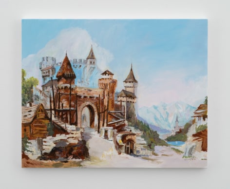 Karen Kilimnik, a perfectly ordinary day at the castle gate - the white swan, the unicorn + a golden apple, 2018