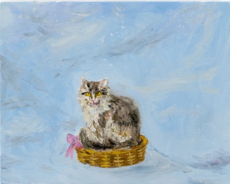 Karen Kilimnik, the cat sitting in its favorite basket out in the blizzard, the Himalaya