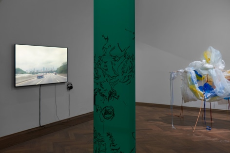 Installation view, Bizarre Silks, Private Imaginings and Narrative Facts, etc., an exhibition by Nick Mauss, view on (left) Ken Okiishi, Untitled, 2016, Kunsthalle Basel, 2020. Photo: Philipp H&auml;nger / Kunsthalle Basel
