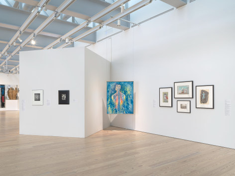 Installation view of&nbsp;Nick Mauss: Transmissions,&nbsp;Whitney Museum of American Art, New York, 3/16 - 5/14/2018, Left to right: Nick Mauss, Images in Mind, 2018; George Platt Lynes, Dancer Jacques D&rsquo;Amboise in a costume designed by Paul Cadmus for Filling Station, choreographed by Lew Christensen for Ballet Caravan, 1938; George Platt Lynes, Cabaret Performer James Leslie Daniels, c. 1937; Pavel Tchelitchew, Anatomical Painting, 1946; Pavel Tchelitchew, Costume designs for Variations on Euclid, (premiered as Expanding Universe), choreographed by Ruth Page for XX, c. 1946-48; Pavel Tchelitchew, Set design by Pavel Tchetlichew for Nobilissima Visione (also known as St. Francis), choreographed by Leonide Massine for Ballets Russe de Monte Carlo, c. 1938; Pavel Tchelitchew, Window display for shoes after set design by Pavel Tchelitchew for Nobilissima Visione (also known as St. Francis); Pavel Tchelitchew, Costume design for Variations on Euclid, choreographed by Ruth Page for XX, c. 1932. Photograph by Ron Amstutz. Digital image &copy; Whitney Museum of American Art, New York