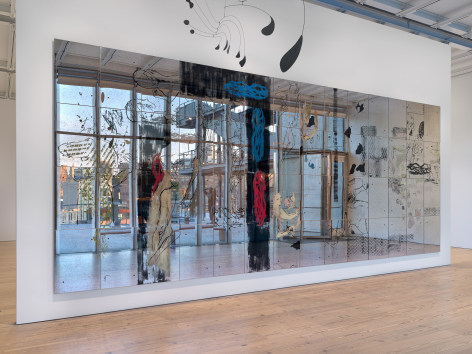 Nick Mauss,&nbsp;Images in Mind,&nbsp;2018,&nbsp;56 panels with reverse glass painting, mirrored,&nbsp;116 x 210 x 84 inches (294.6 x 533.4 x 213.4 cm), Collection: Whitney Museum of American Art, New York