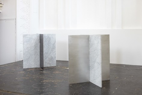 Sam Falls, Untitled (Carrera marble, corten steel &amp; aluminum sculpture diptych), 2013