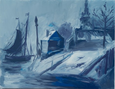Karen Kilimnik, the ghost ship, cold winter fishing village with church in the north, 2013