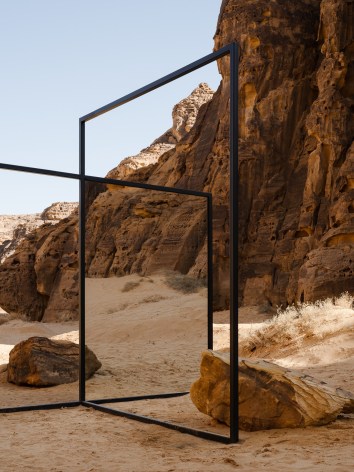 Alicja Kwade,&nbsp;In Blur, 2022, powdered coated steel, mirror, stones, trees and other natural elements. &nbsp;Installation view: Desert X AlUla, 2022. &nbsp;Photo by Lance Gerber.&nbsp;