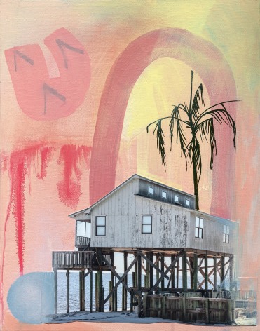 Color photograph o a house on stilts, over a body of water, collaged onto an abstract painting.