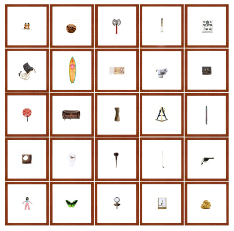 Framed collection of color photographs of individual objects of interest, each on a white background