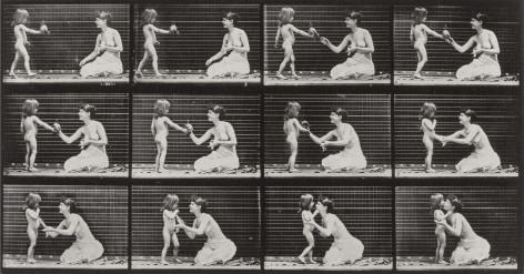 Sequence of black and white photos showing movements of small cod giving a bouquet of flowers to a kneeling woman.