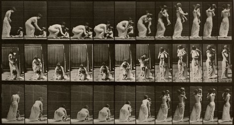 Sequence of black and white photos showing the movements of a 19th century woman picking a child up