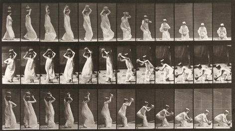Sequence of black and white images showing movements of a woman carrying water-jar on her head, turning and placing it on the ground