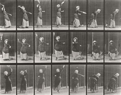 Sequence of black and white photos showing a woman in old fashioned dress executing a lawn tennis serve.