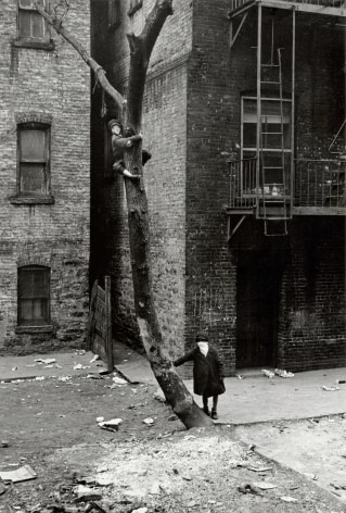 Black and white photo of two kids in masks, one has climbed a tree, the other stands at the bottom&mdash;both face the camera.
