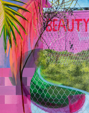 Collaged photo with painting that shows a pink wall with the word &quot;beauty&quot; on it