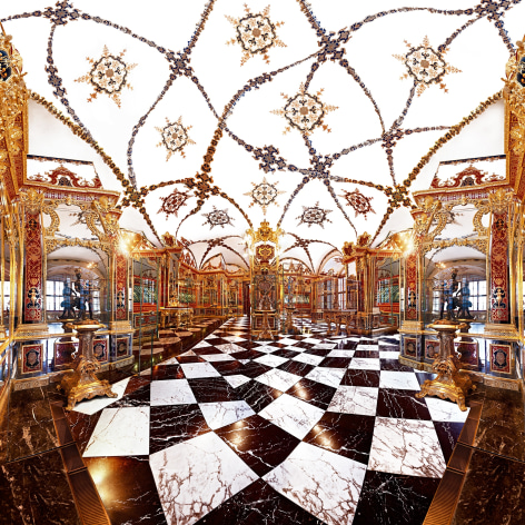 Distorted multi-point view of a color panoramic photo showing a baroque jewel room with a checkered floor fleur de lis decorated ceilings. 