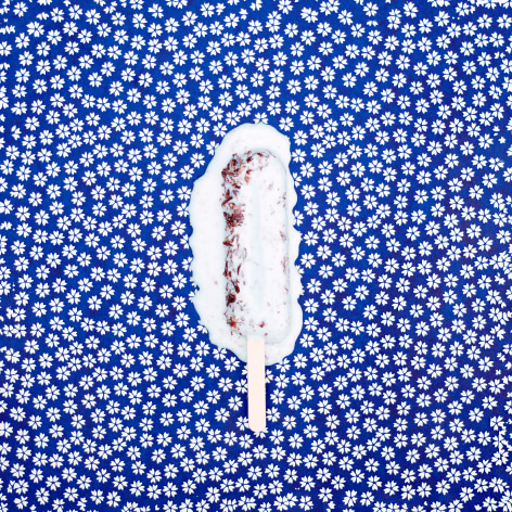 Color photo of a  popsicle melting on a blue and white patterned rice paper background.