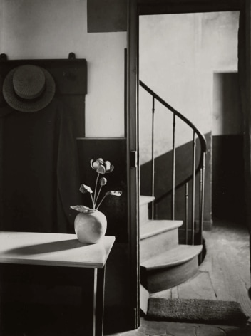 Black and white photo of an elegant but sparese intereior, a table in the foreground has a vase with two flowers, a coat and hat hangs on a hook, and a spiral staircase can be seen in the background.