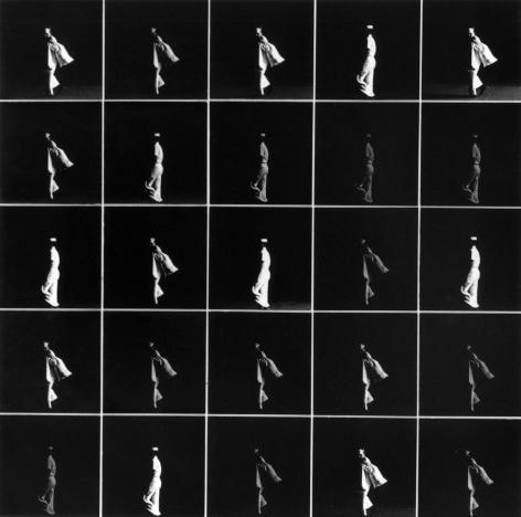 Sequence of 25 black and white photos showing the movements of a navy salor walking in shadow